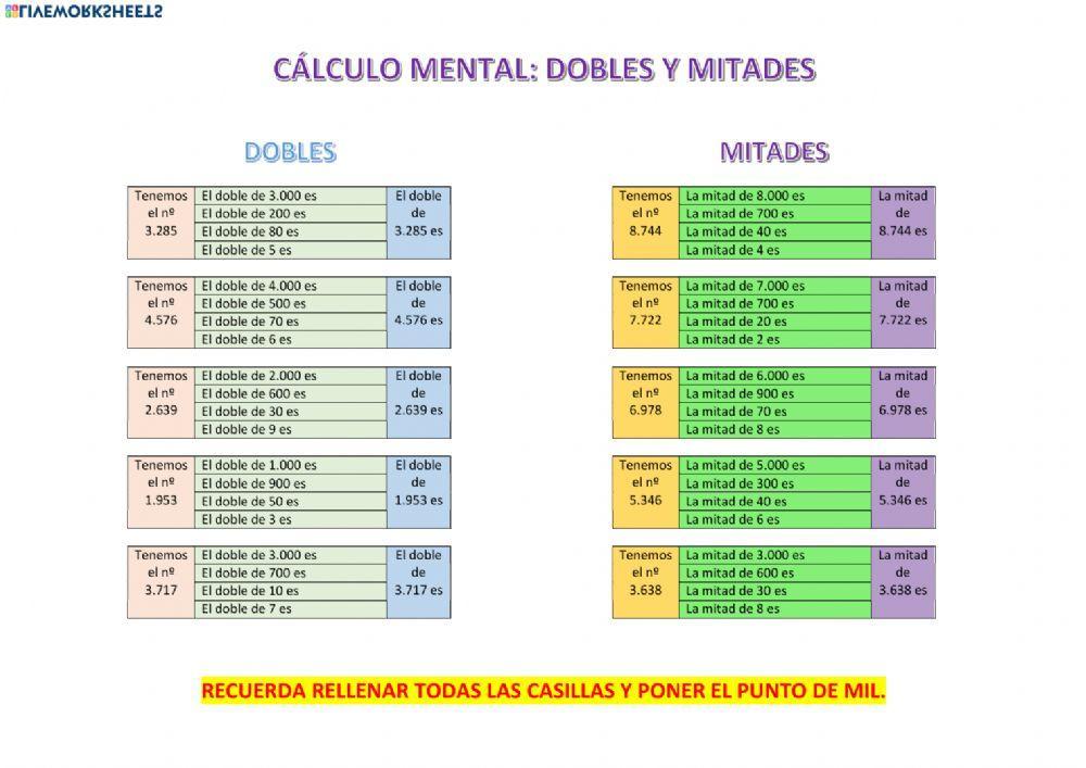 Cálculo mental de dobles y mitades UM