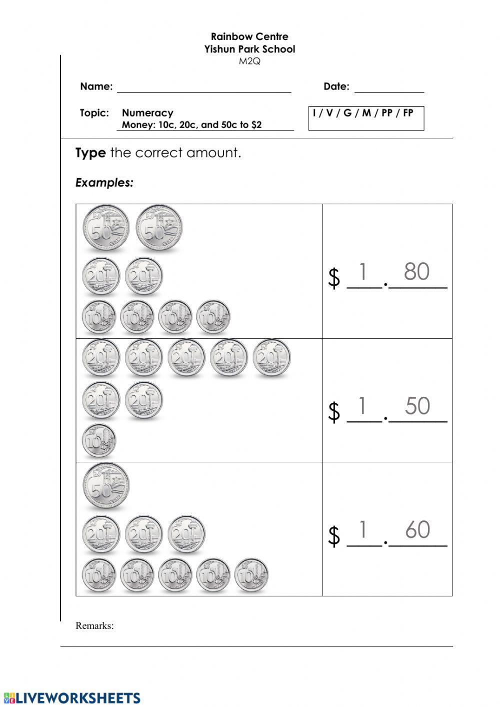 Money Type Worksheet - 10c, 20c, and 50c to -2 R