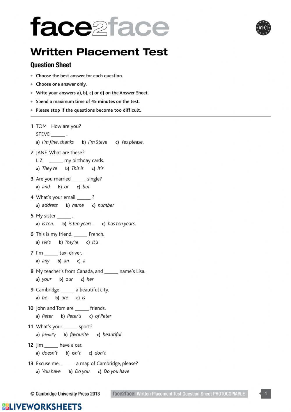 Face2Face placement test