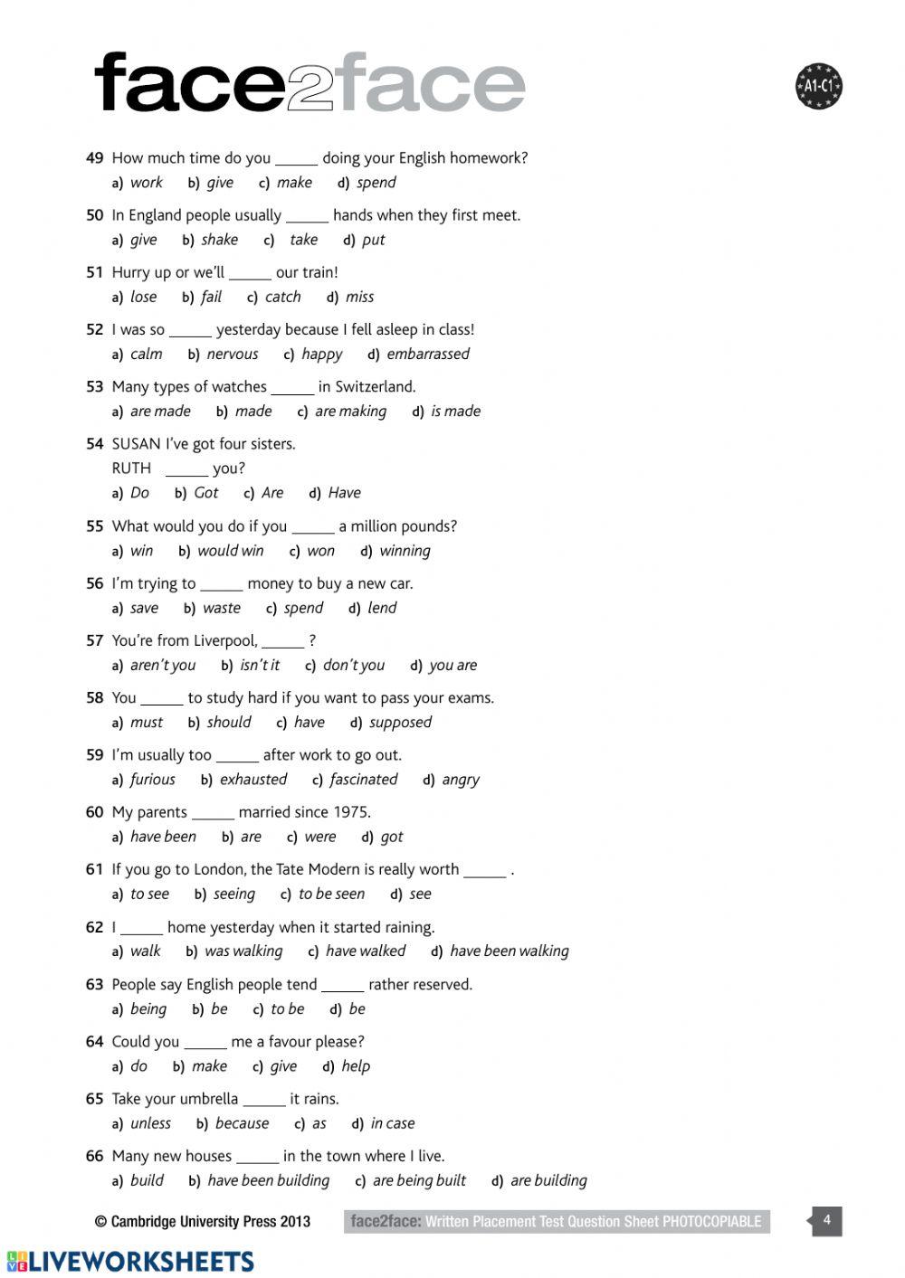 Face2Face placement test
