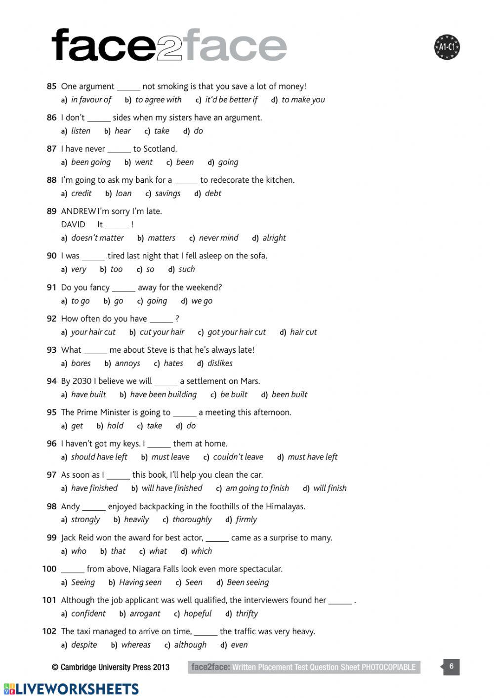 Face2Face placement test
