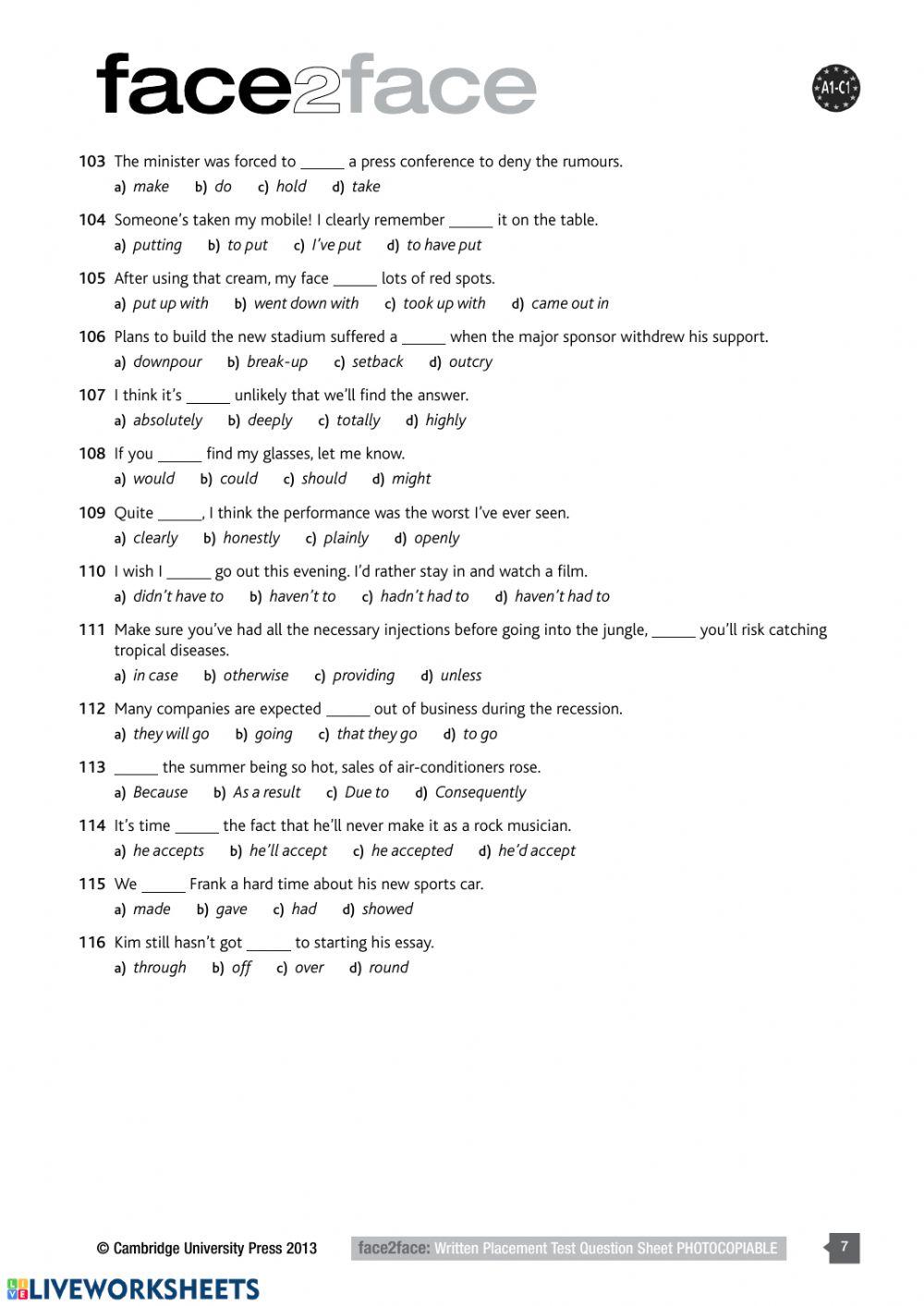 Face2Face placement test