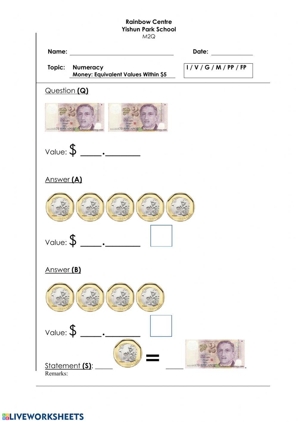 Money Type + Tick Worksheet - Equivalent Values Within -5 R 2