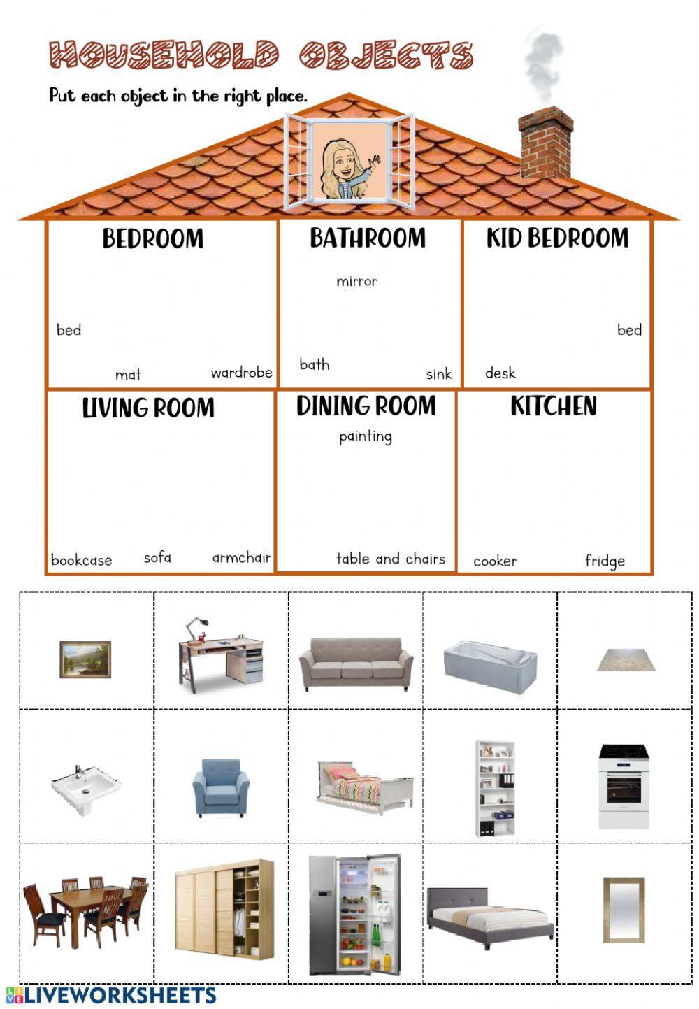 Household objects worksheet for Primary