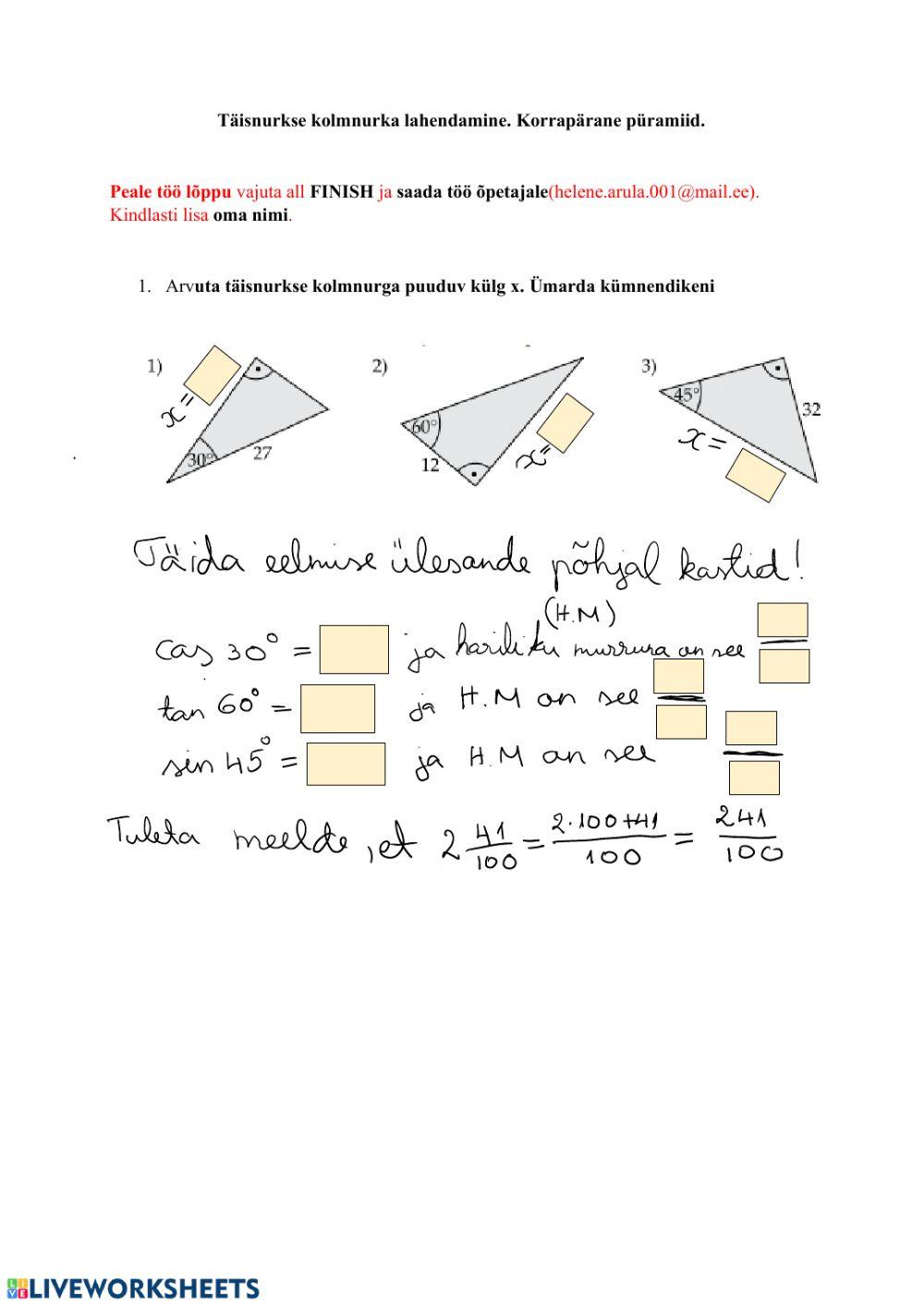 Siinus, koosinus ja tangensi kasutamine täisnurkses kolmnurgas