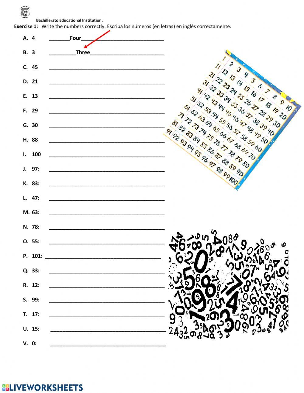 Numbers  from 0-103 (Números del cero hasta el 103)