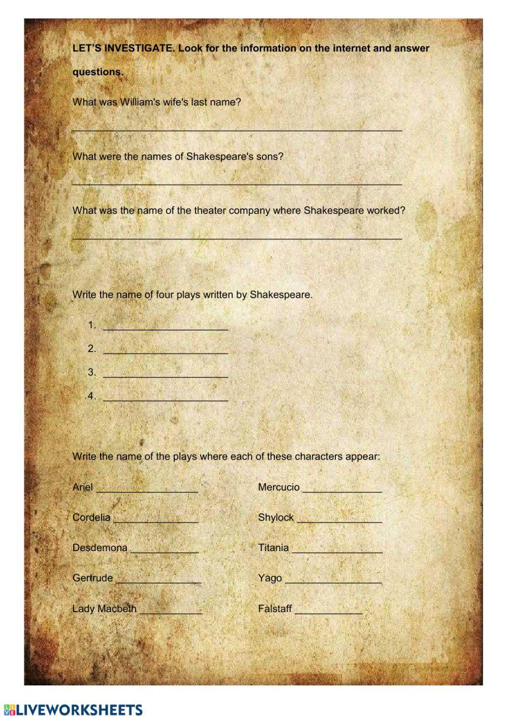 William shakespeare reading comprehension