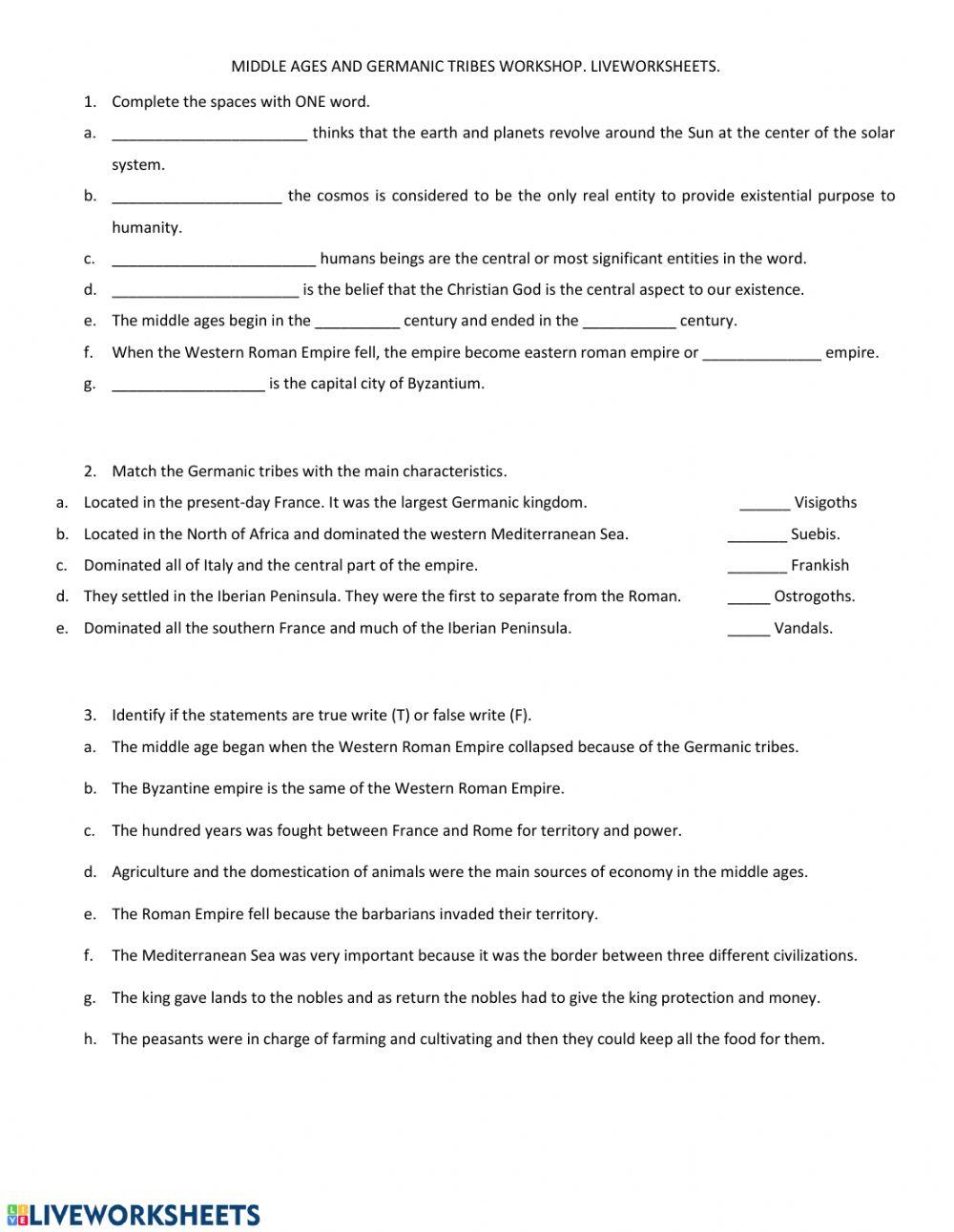 Middle ages and Germanic tribes worksheet | Live Worksheets
