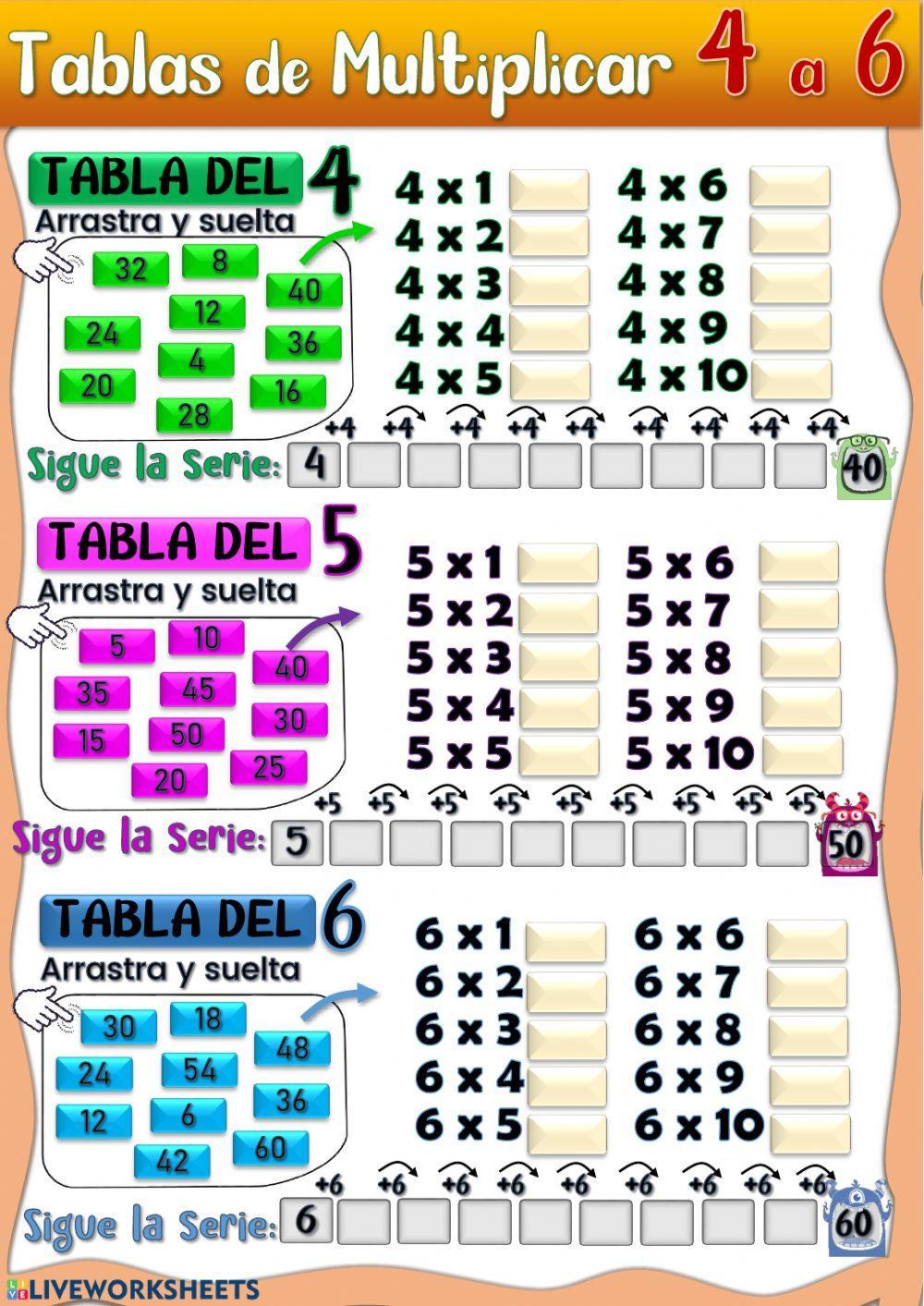 Ejercicios De La Tabla De Multiplicar Del 4 Tablas de Multiplicar del 4, 5 y 6. worksheet | Live Worksheets