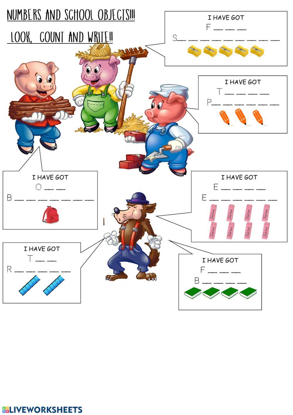 School objects and numbers - the three little pigs