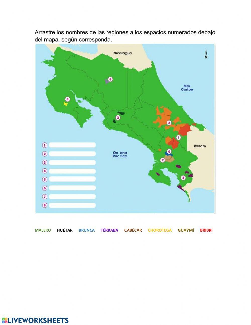 Mapa regiones indígenas de Costa Rica