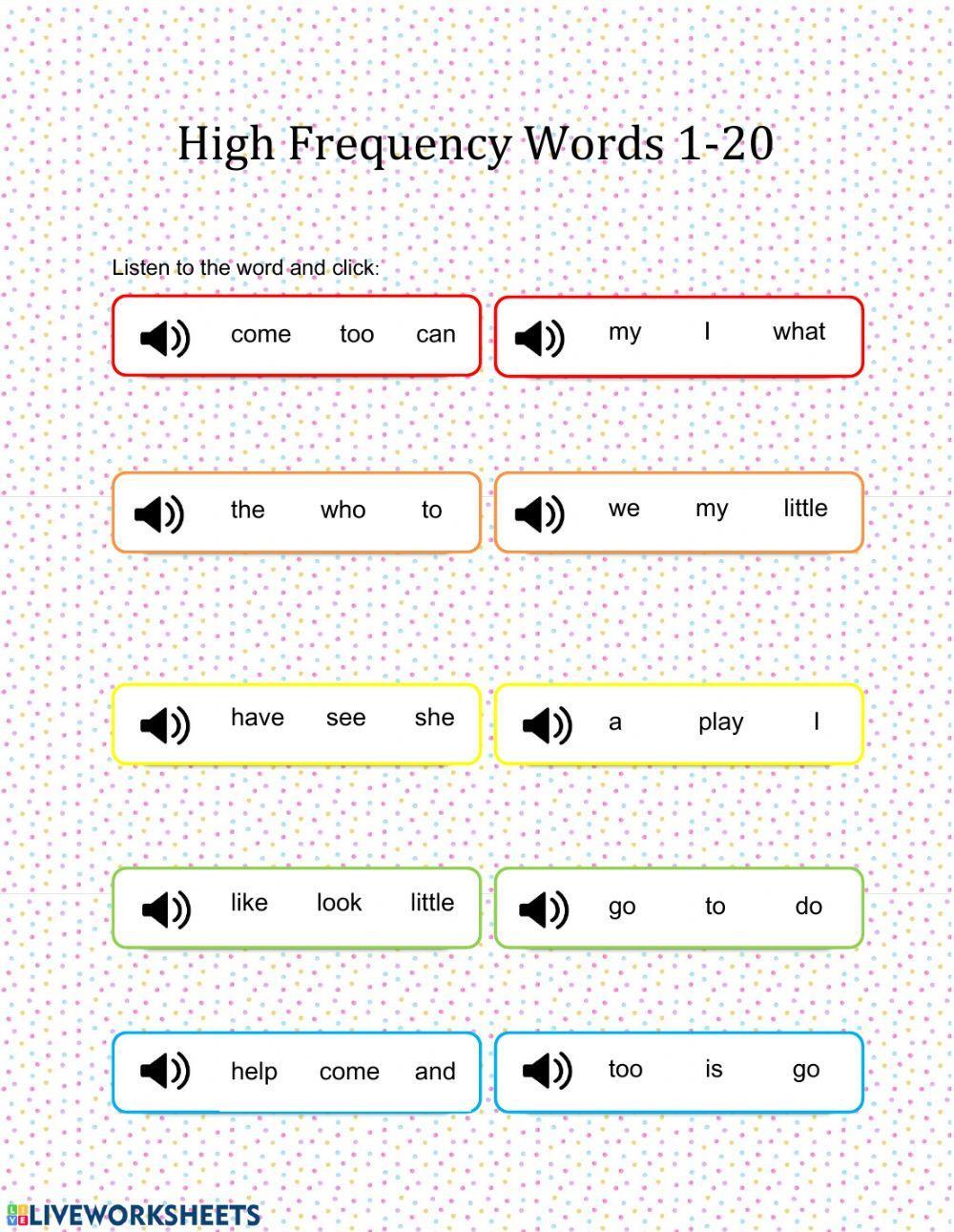 Kindergarten High-Frequency Sight Words 1-20