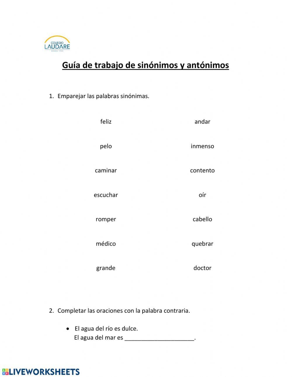 guía práctica sinónimos y antónimos worksheet | Live Worksheets