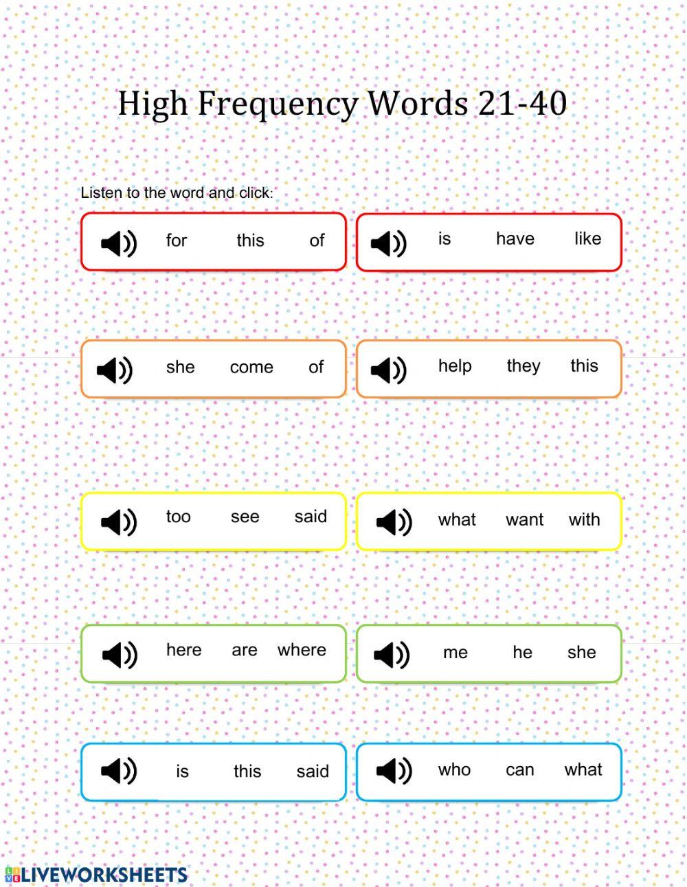 Kindergarten High-Frequency Sight Words 21-40