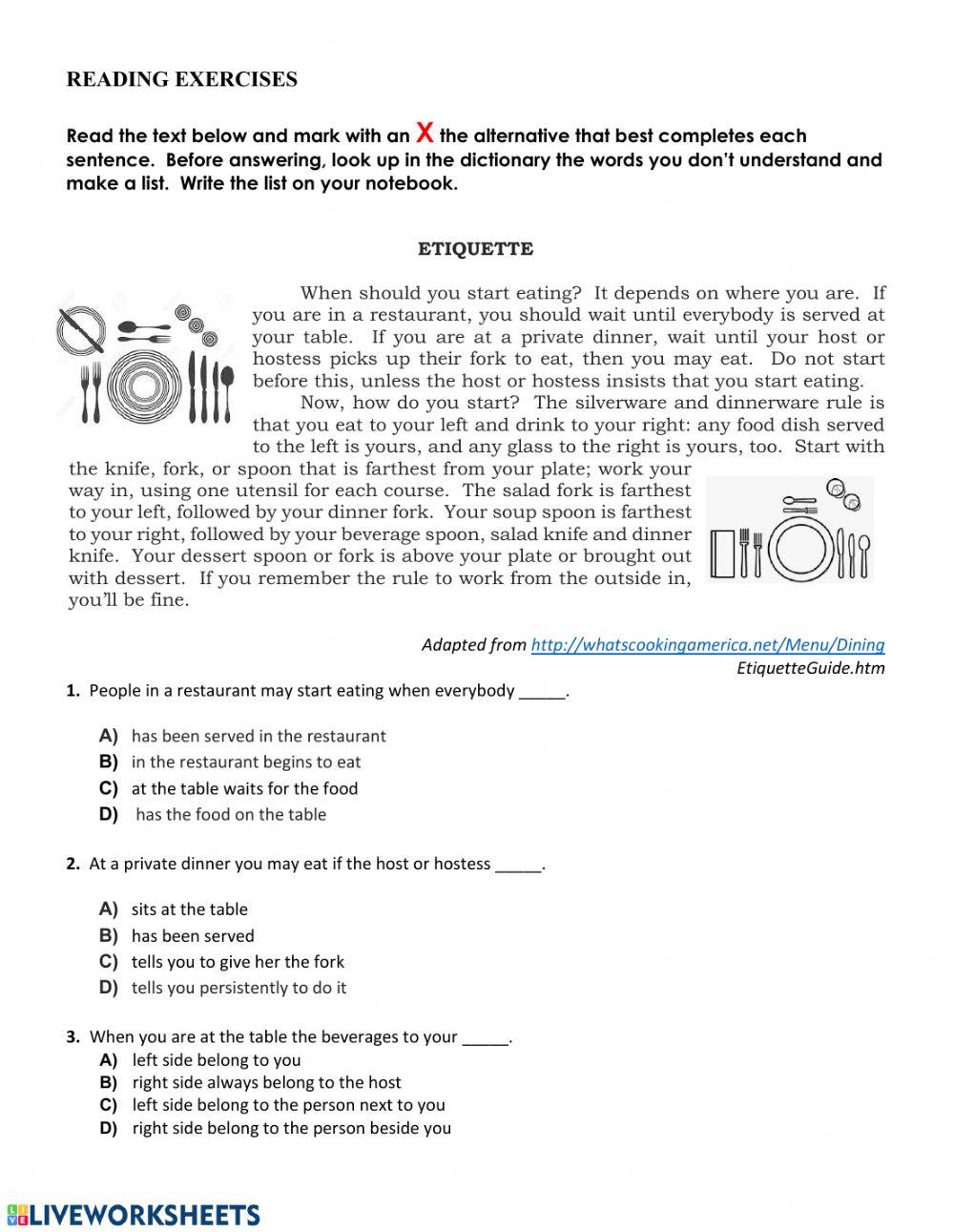 Activity 8 Table Manners Reading Exercise Online For Live Worksheets