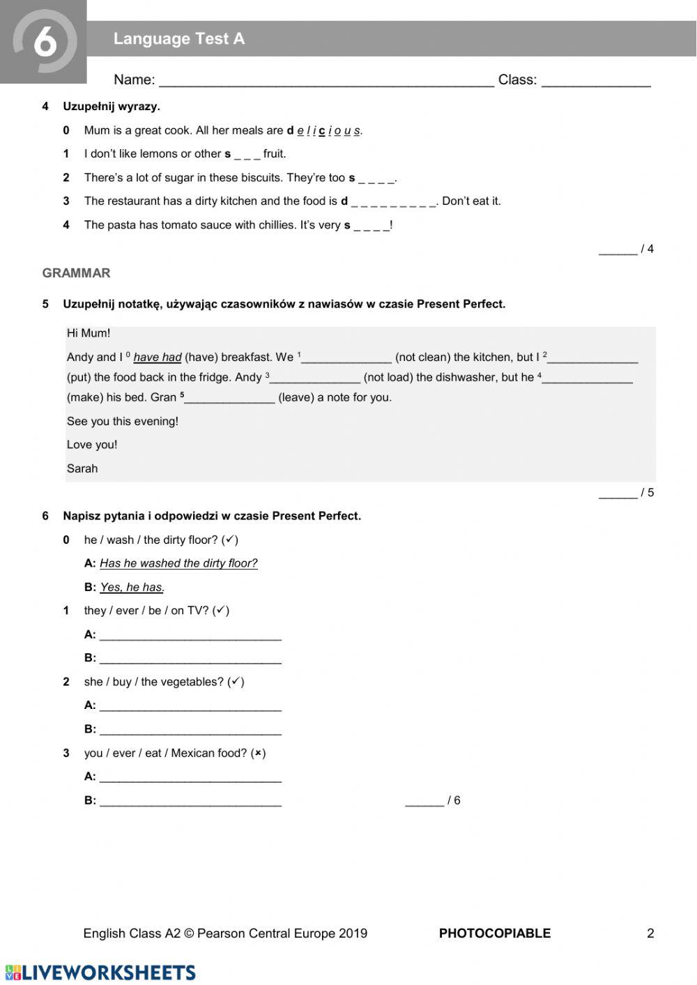 Unit 6 Test English Class A2 A