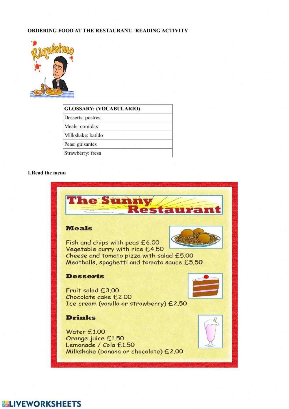 Food at the restaurant. Menu