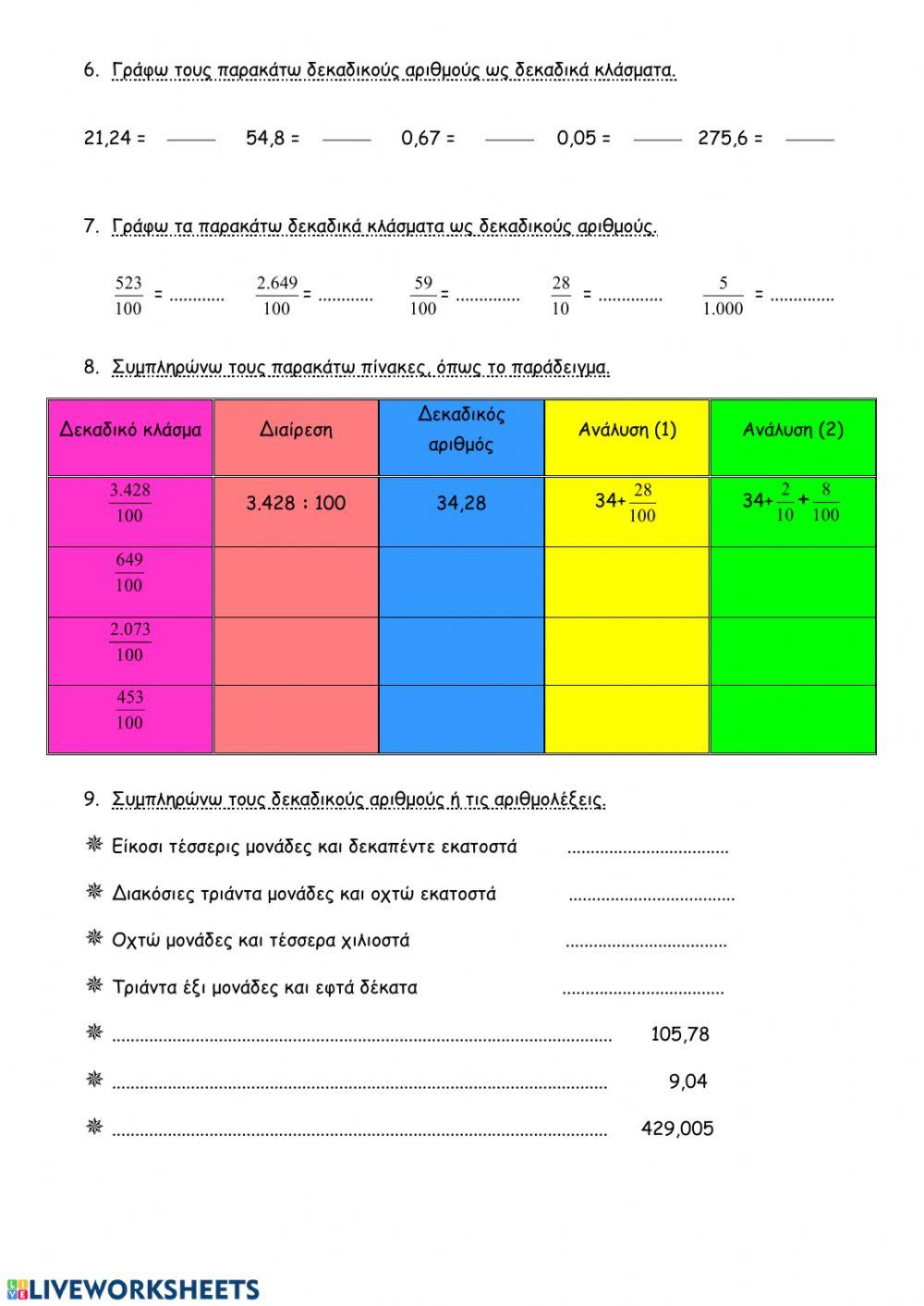 Δεκαδικά κλάσματα-Δεκαδικοί αριθμοί