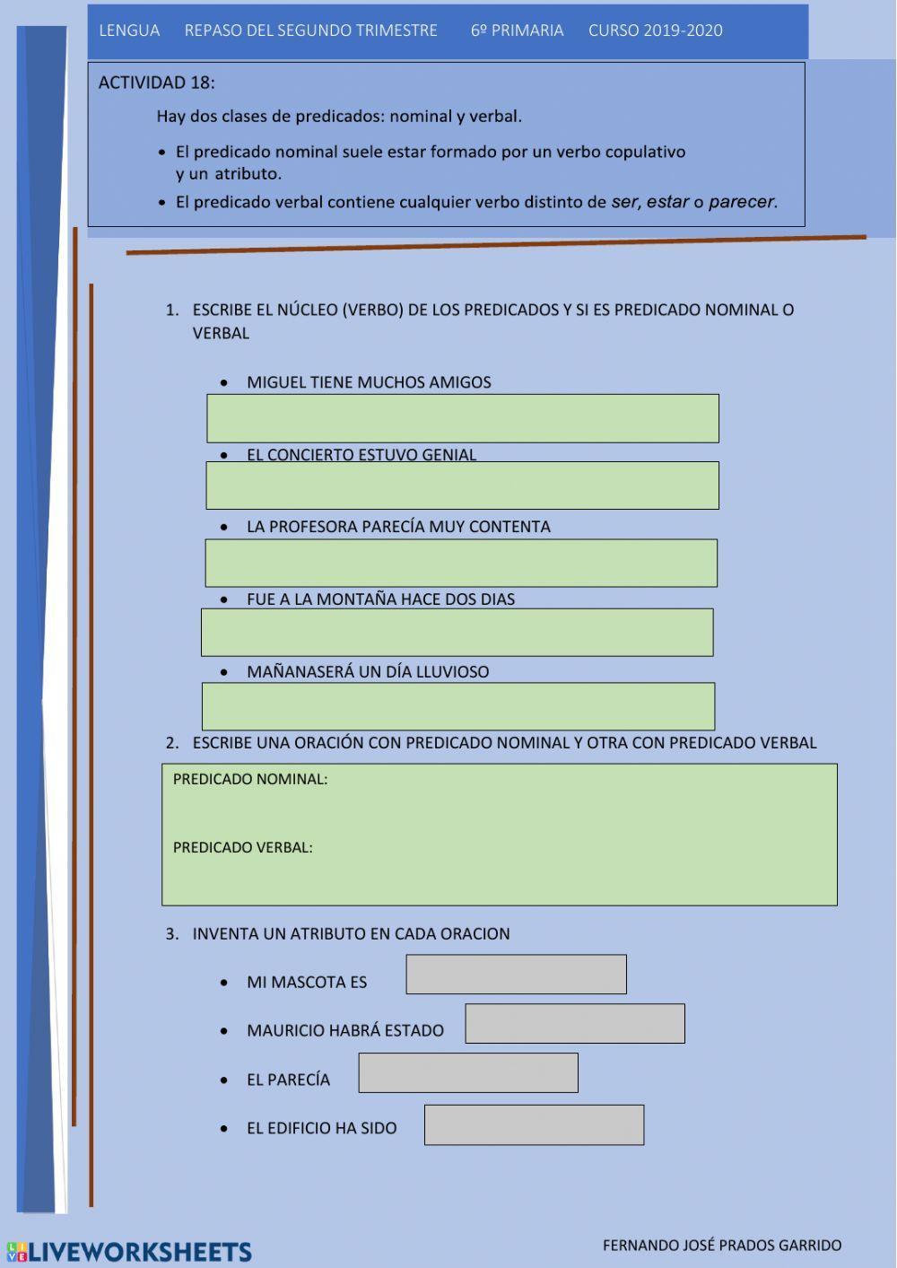 18 LENGUA REPASO El predicado nominal y verbal