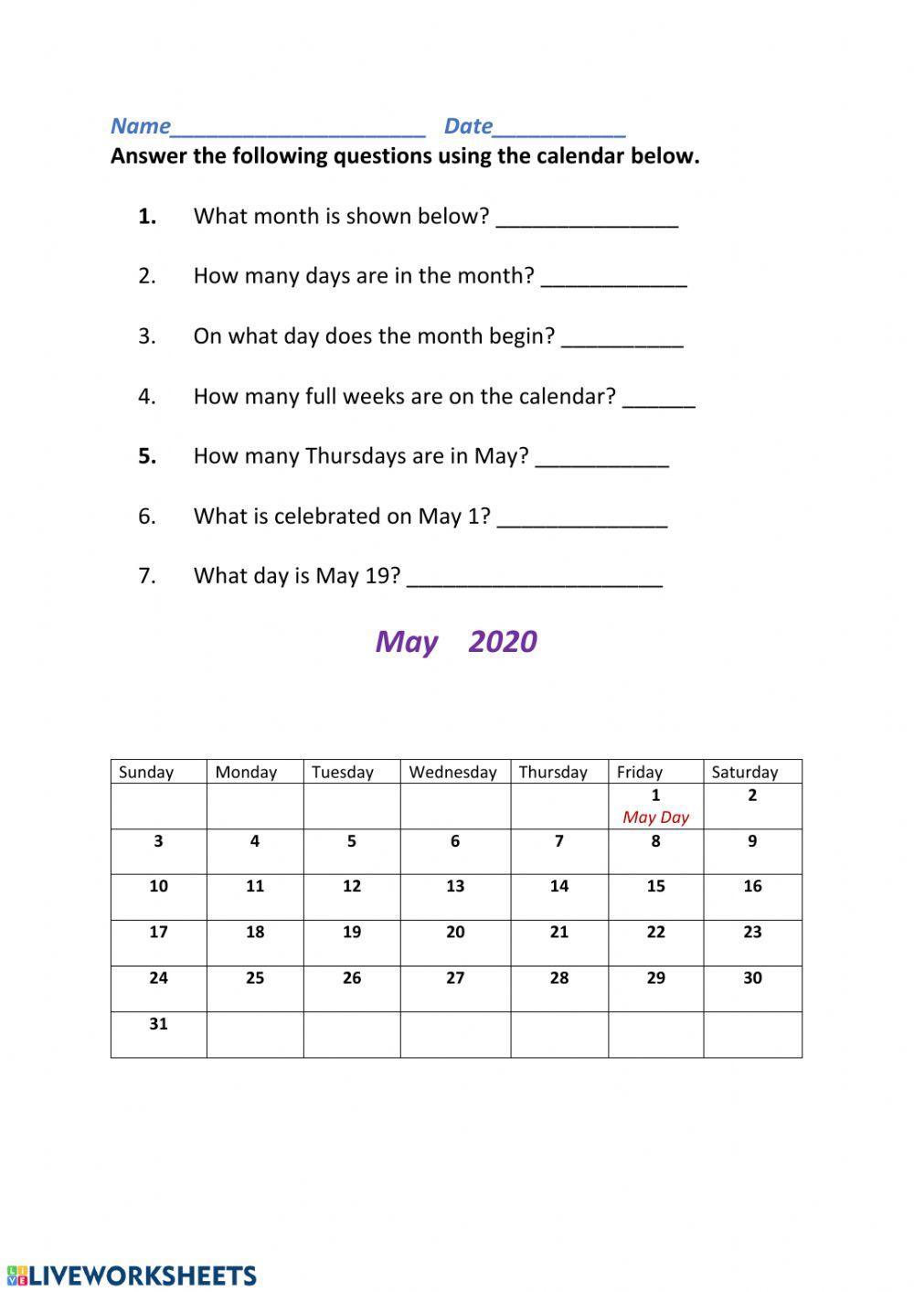 Calendar 0710 AnnaMarie Walker Live Worksheets Calendar Questions Pdf Download