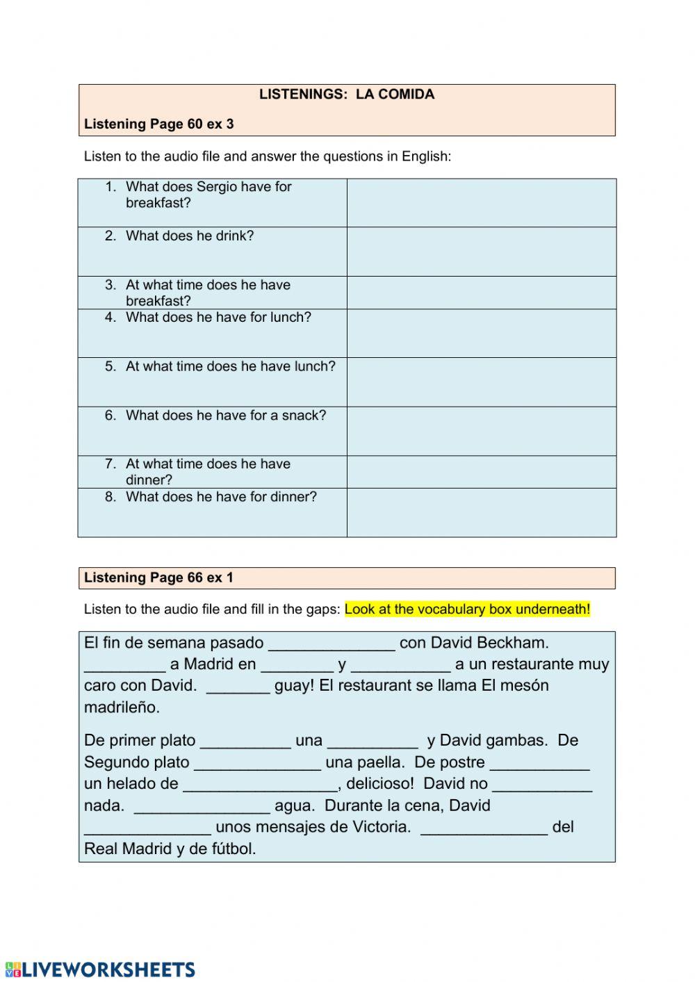 Y9 Food listenings and translations