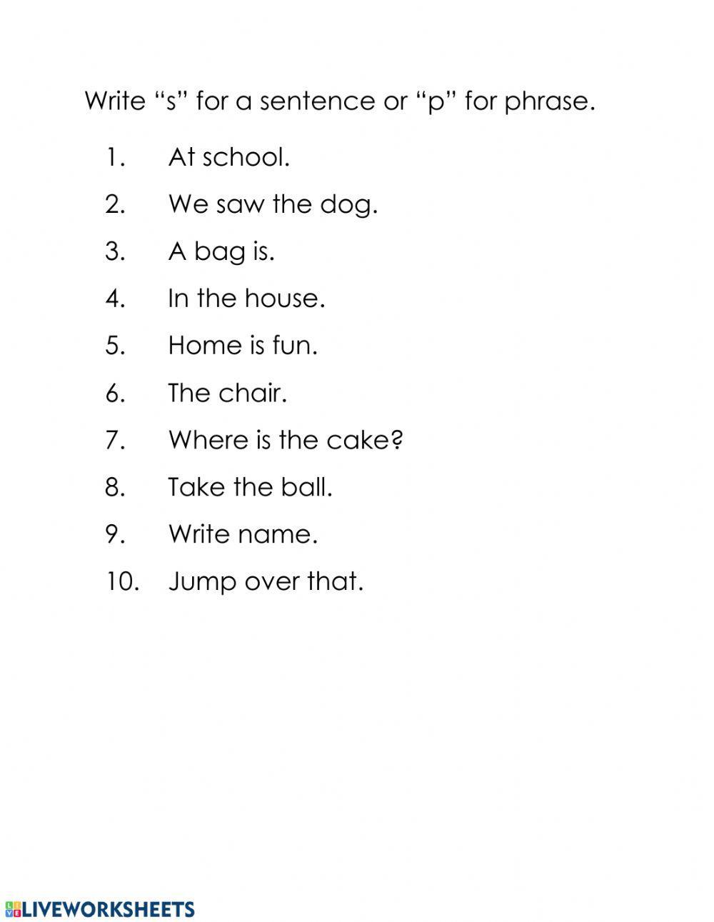 Sentence Or Phrase Worksheet Worksheet Live Worksheets
