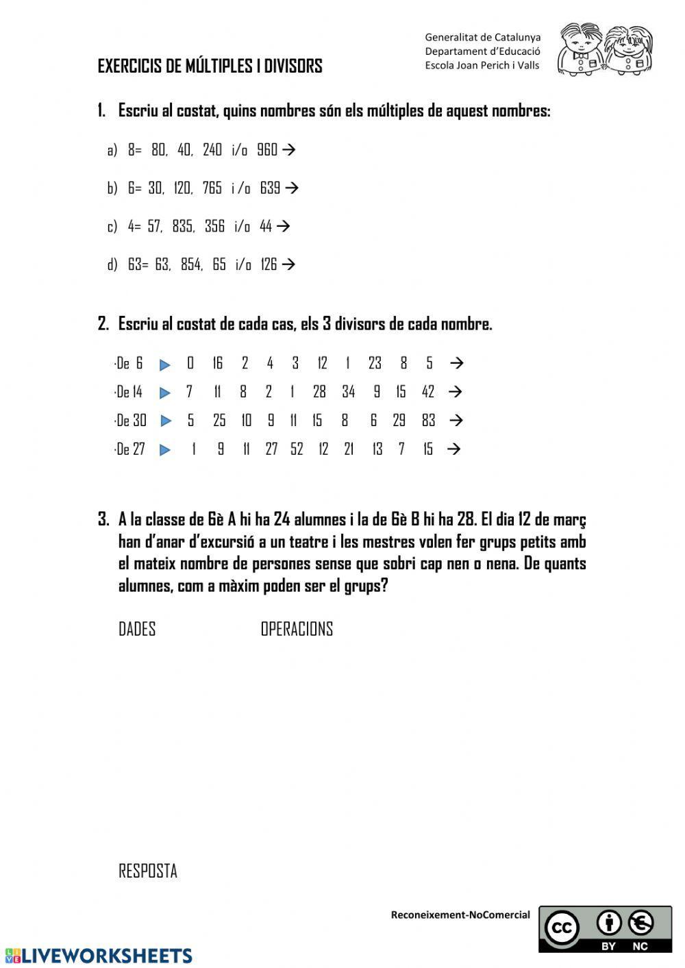 Exercicis i problemes de múltiples i divisors