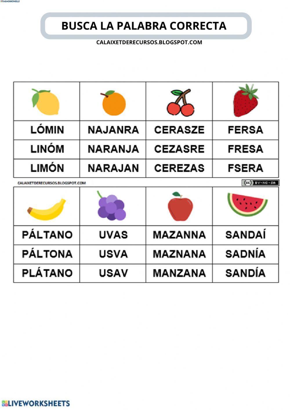 Busca la palabra correcta (frutas