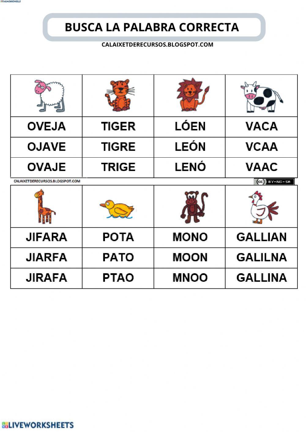 Busca la palabra correcta (animales)