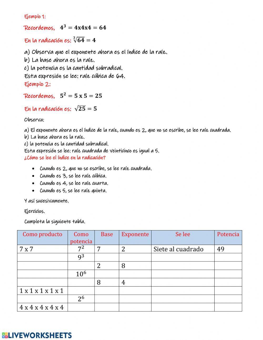 Radicación - Quinto Grado