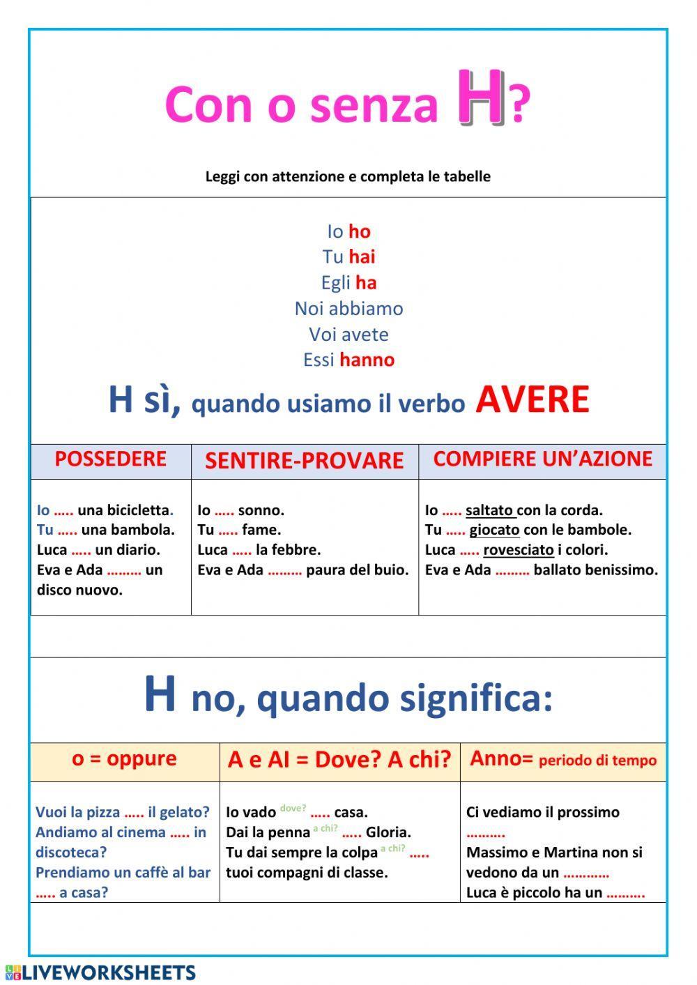 Con o senza h worksheet live worksheets