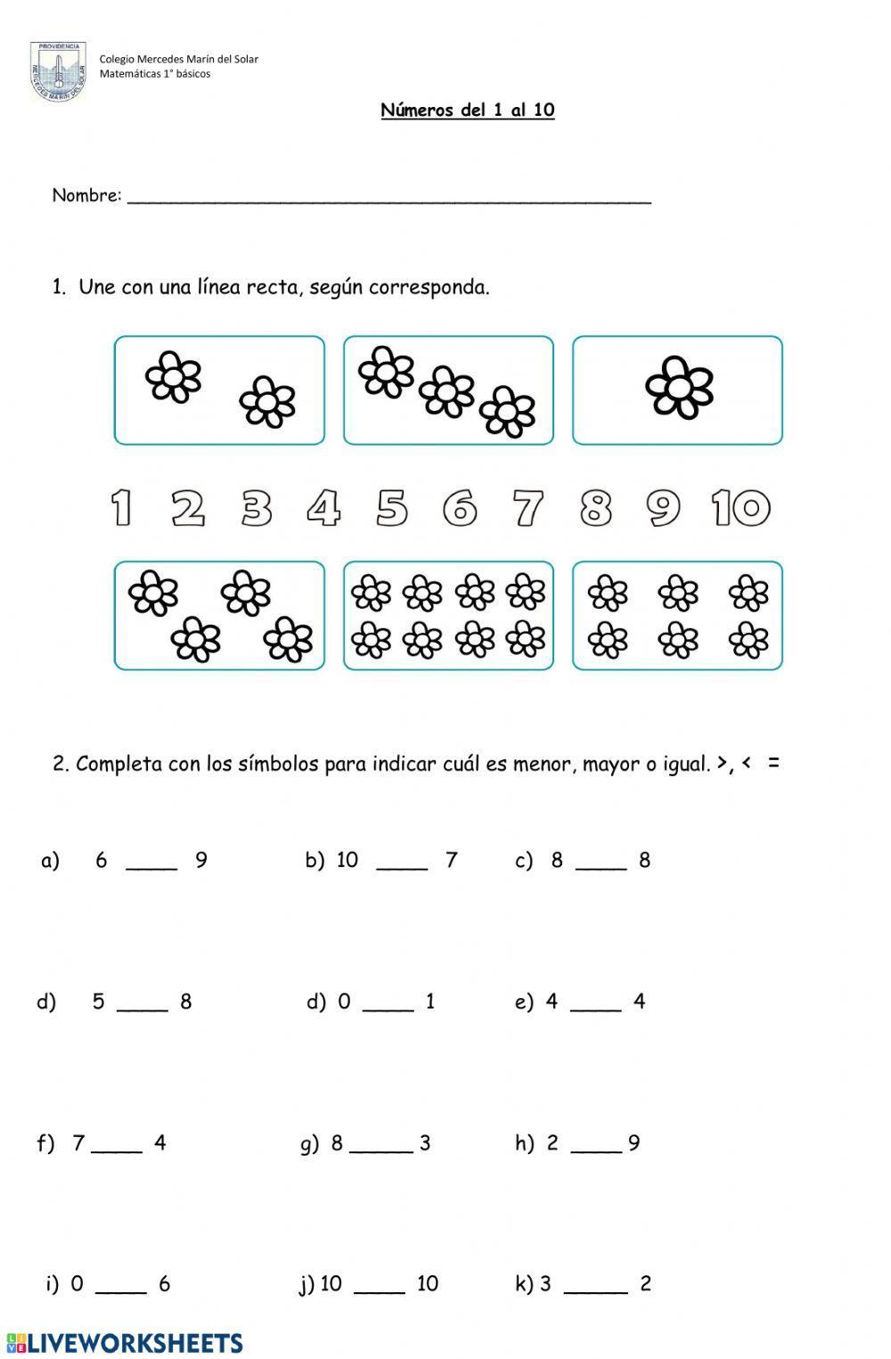 Números del 1 al 10, cantidad, menor, mayor o es igual.