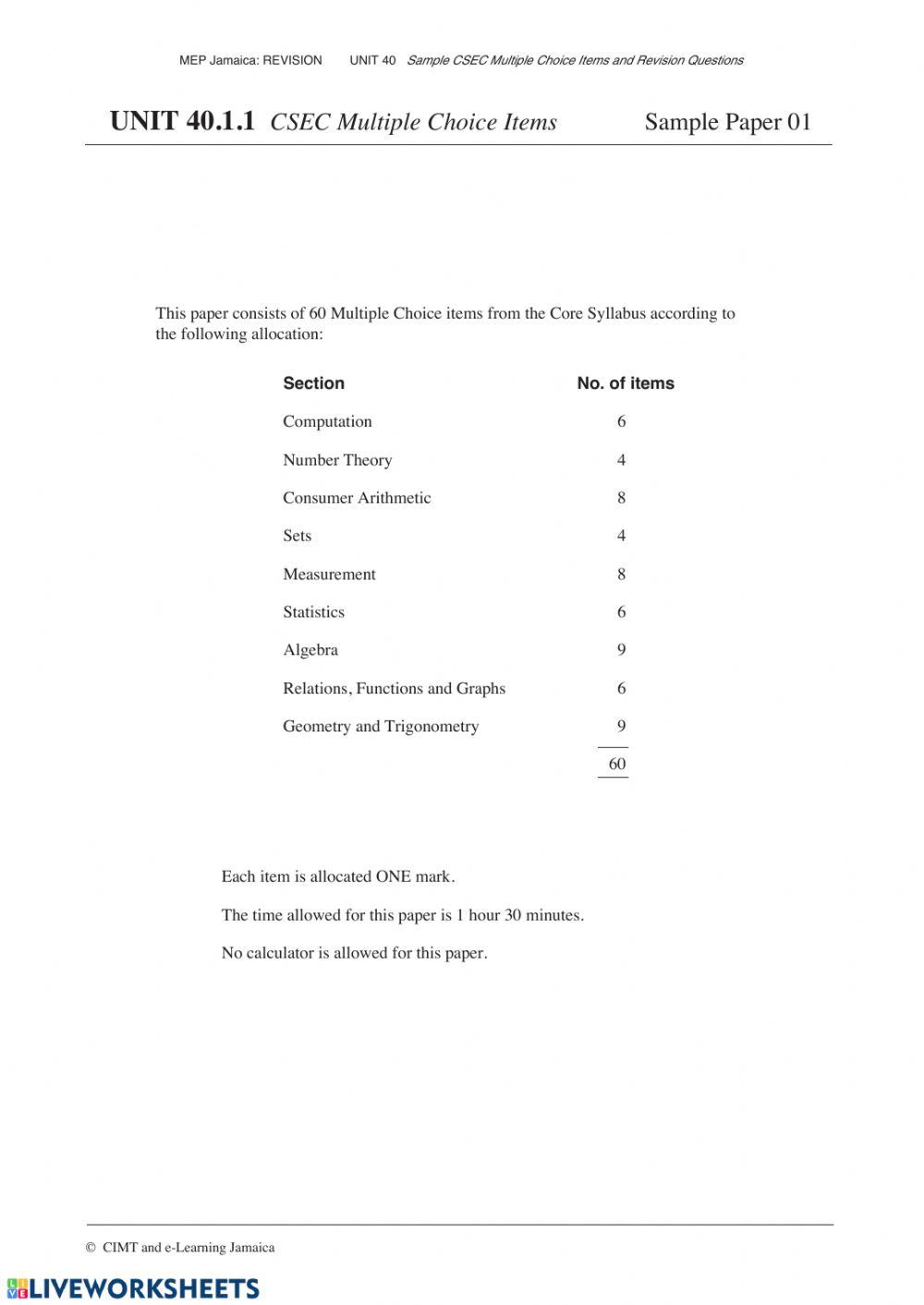 Platinum csec maths online exam online exercise for live worksheets