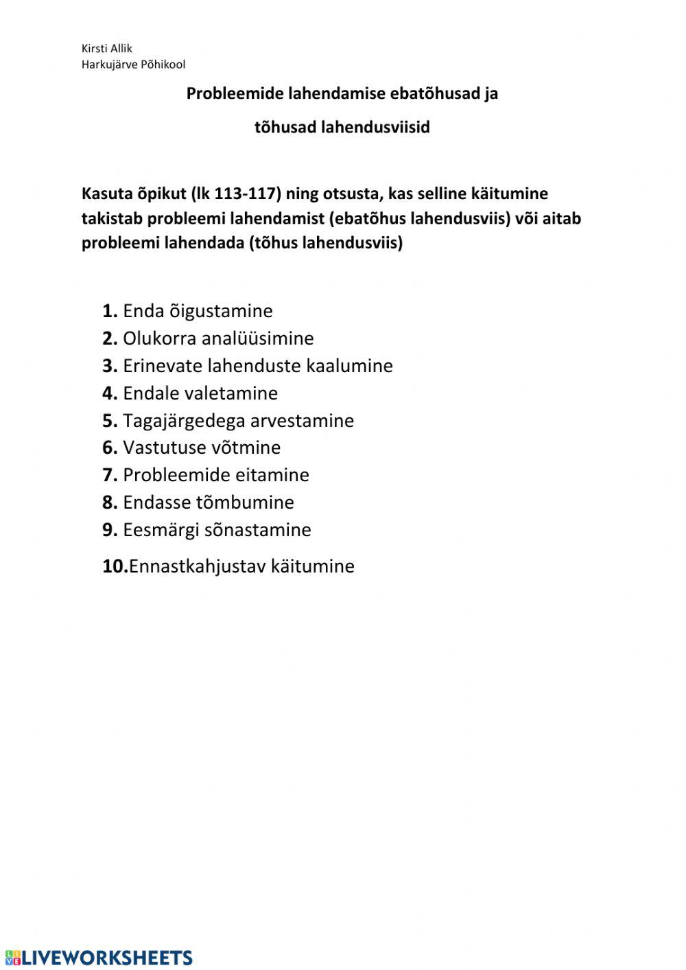 Probleemide lahendamine worksheet | Live Worksheets