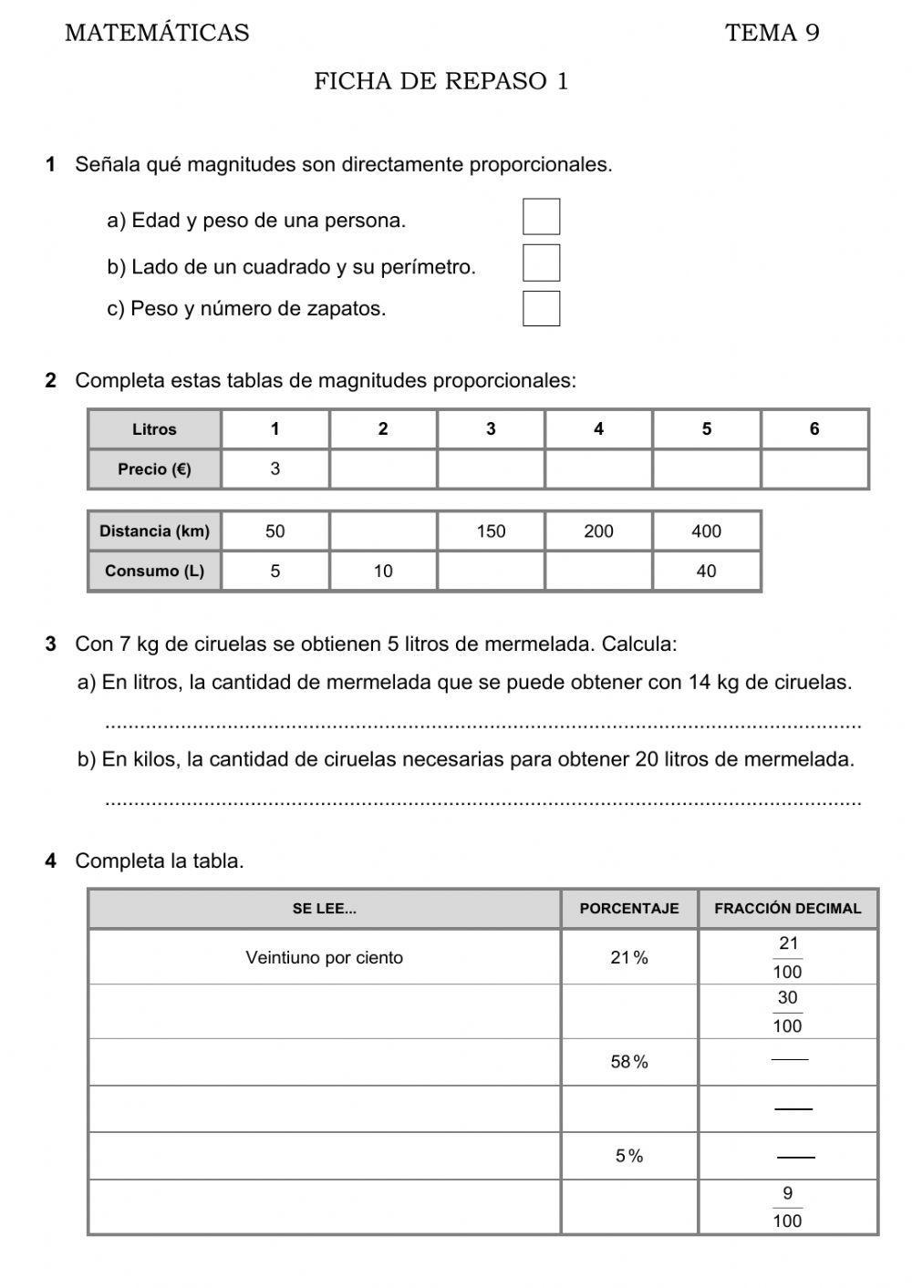 Proporcionalidad y porcentajes