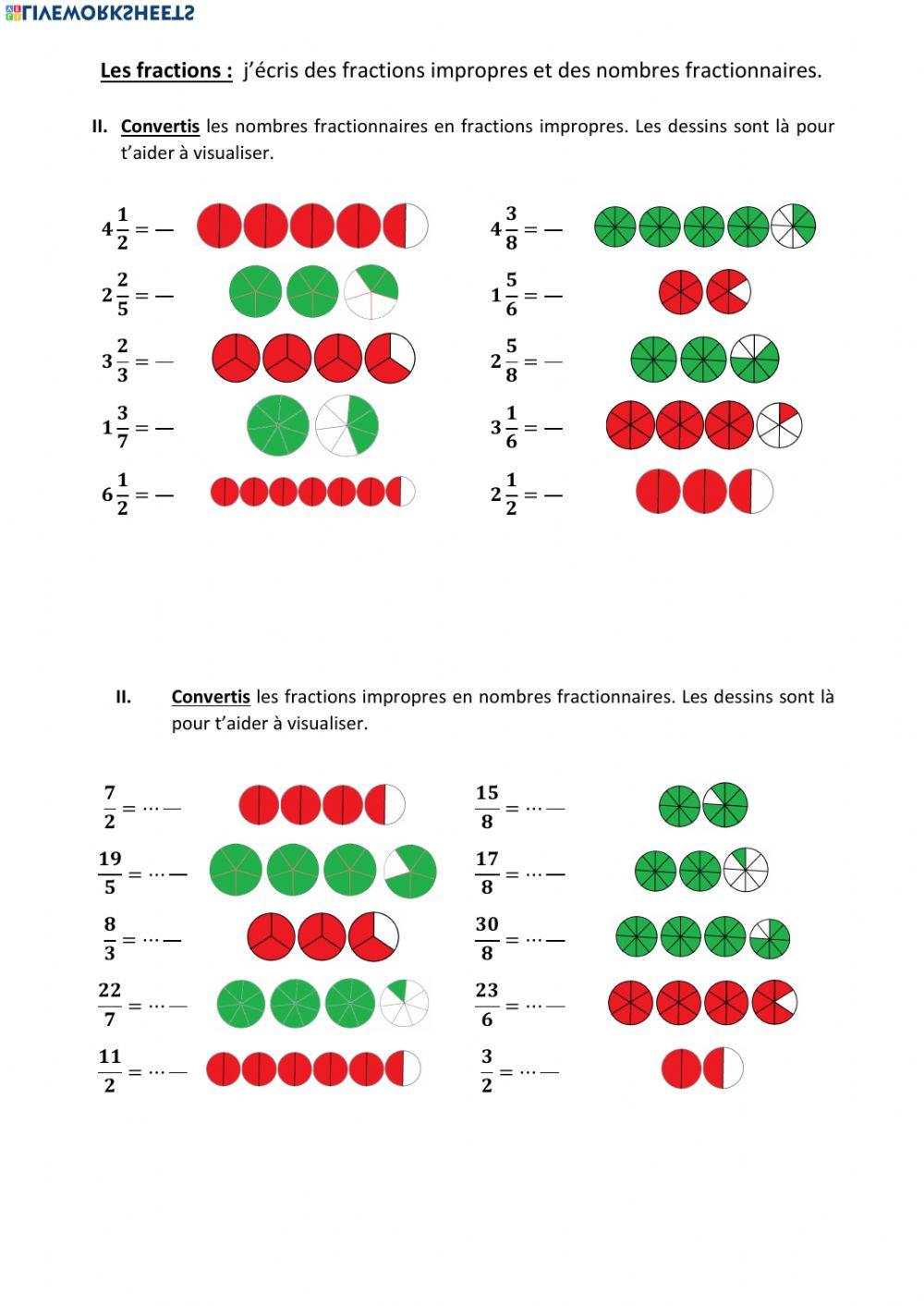 Les fractions impropres et les nombres fractionnaires (représentation)