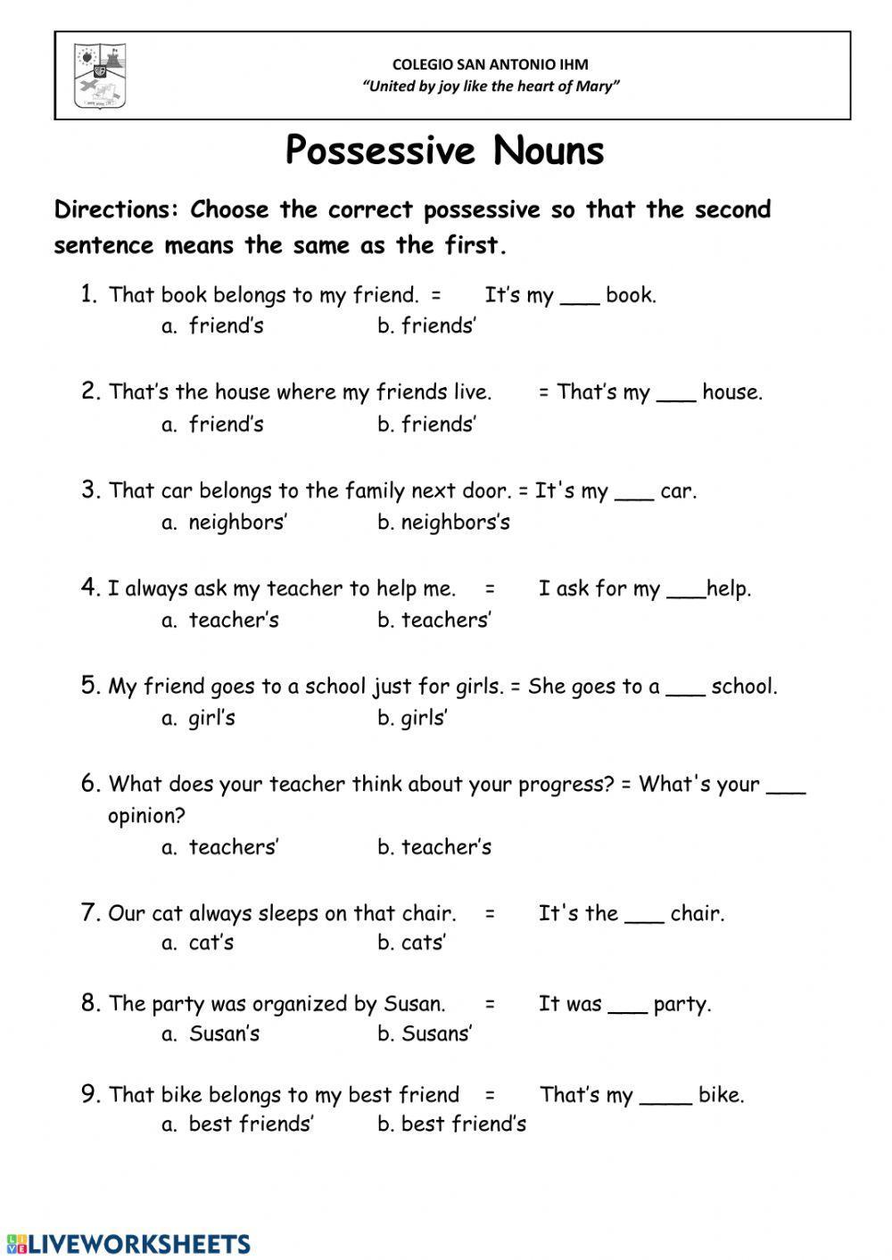 Possessive Nouns online activity | Live Worksheets Possessive Nouns online activity | Live Worksheets