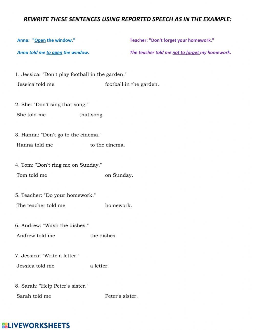 Reported speech told me to... worksheet | Live Worksheets