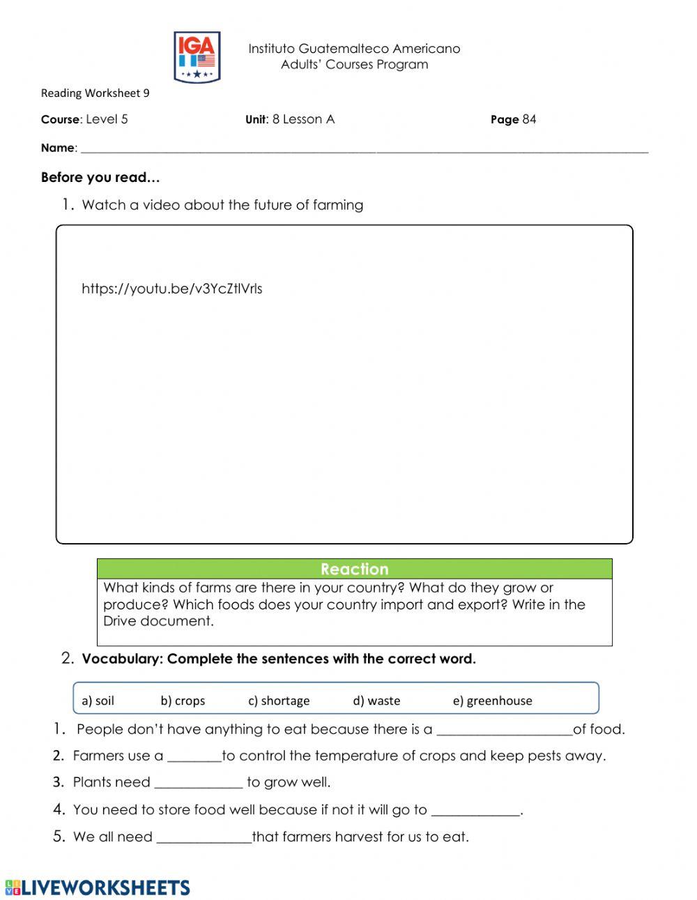 Reading-Listening worksheet unit 8 A Viewpoint