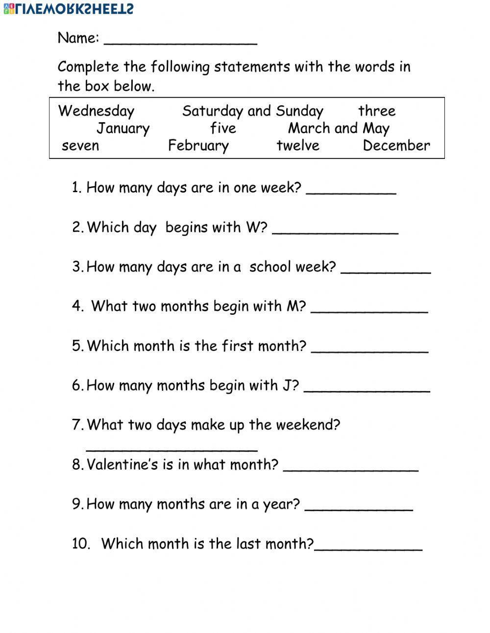 Days Of The Week Months Of The Year Worksheet