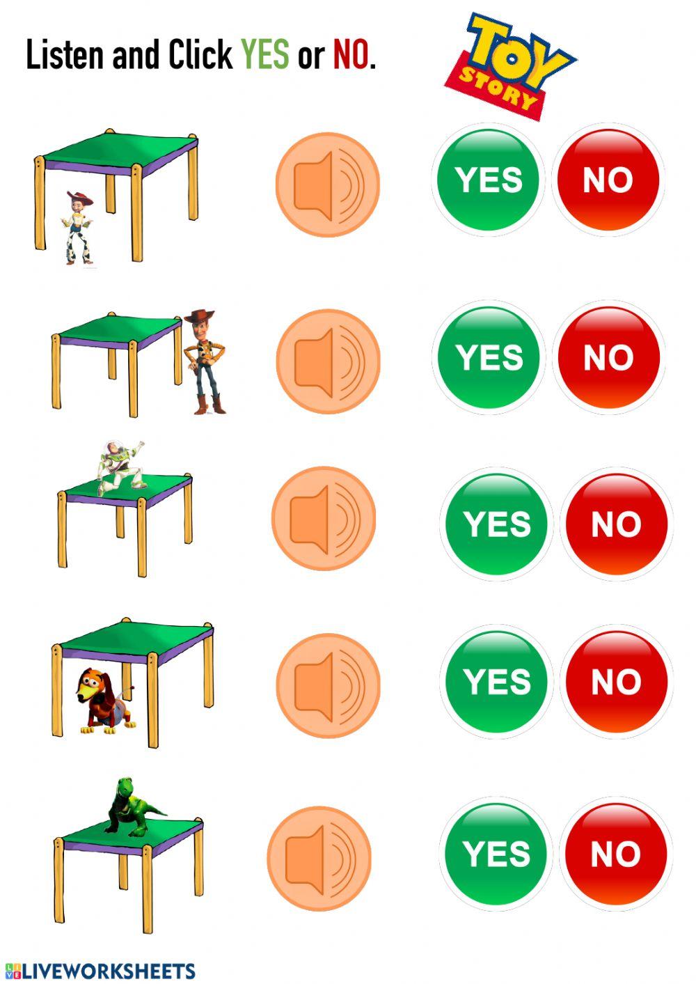 Prepositions - Listen and click yes or no.