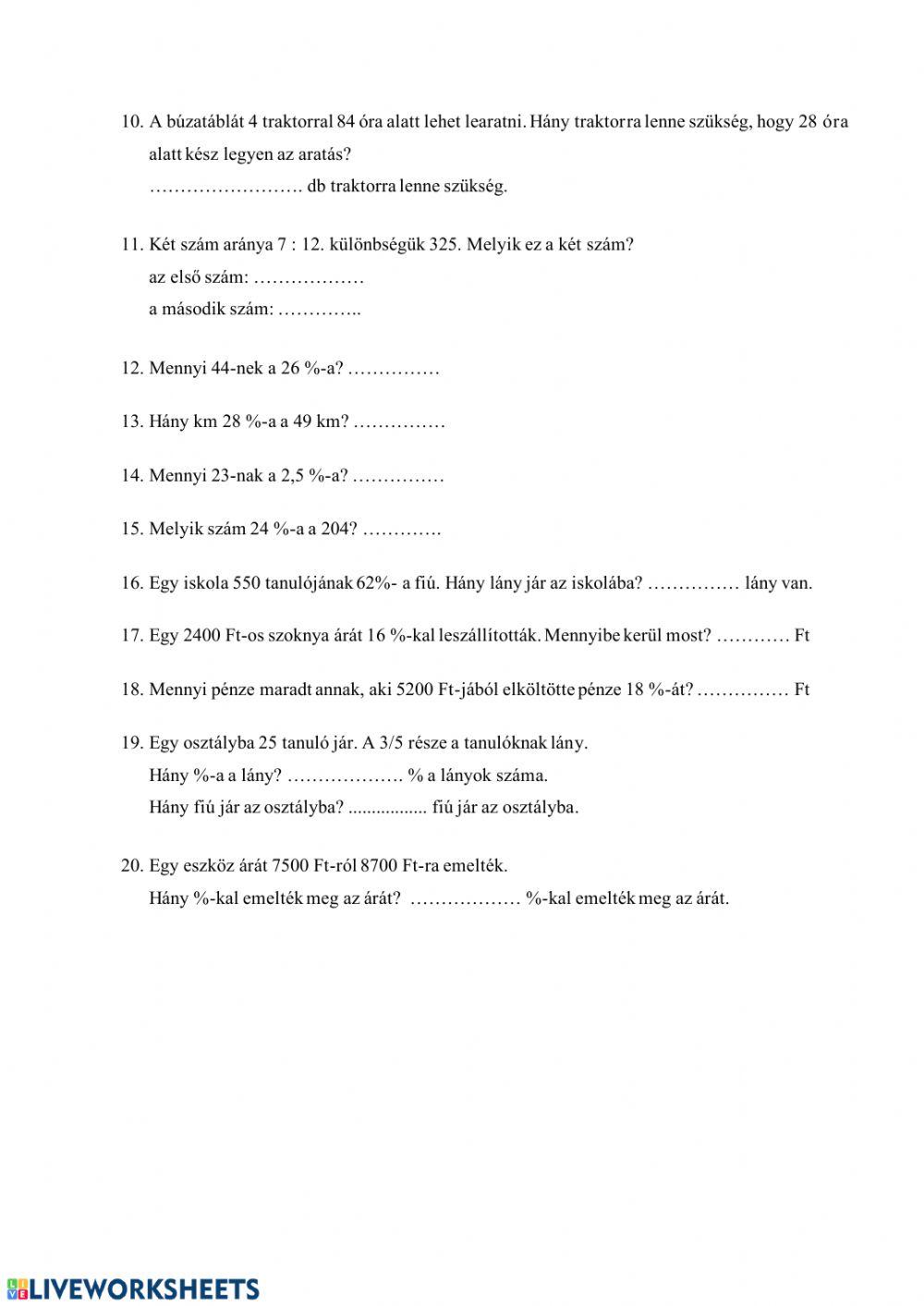 Arány, százalék egyszerű feladatok
