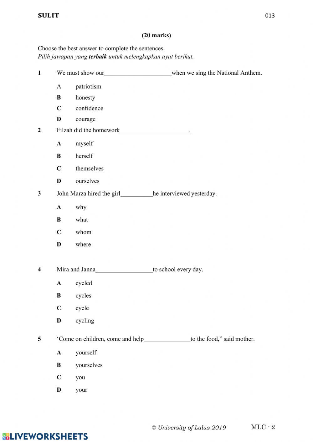 Multiple choice questions online exercise for Live Worksheets