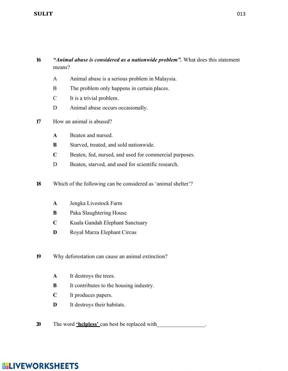 Multiple choice questions online exercise for Live Worksheets