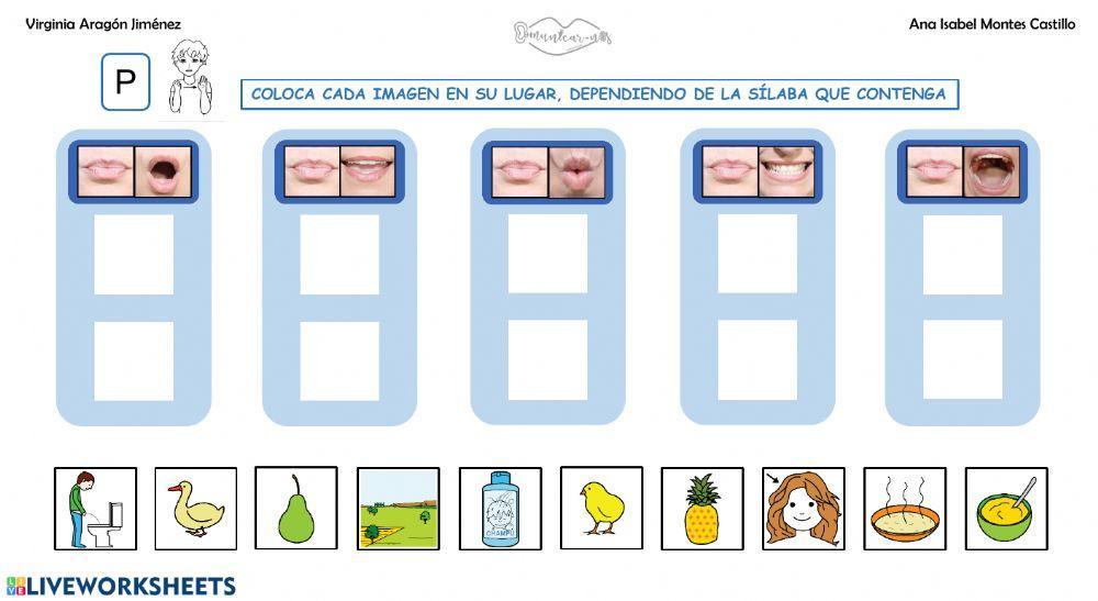Clasificar sílabas con sonido P en palabras, con articulemas.