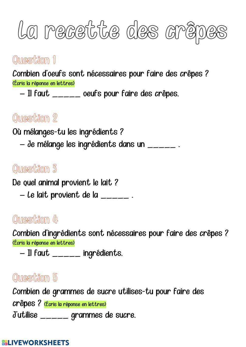 4º la recette des crêpes worksheet | Live Worksheets
