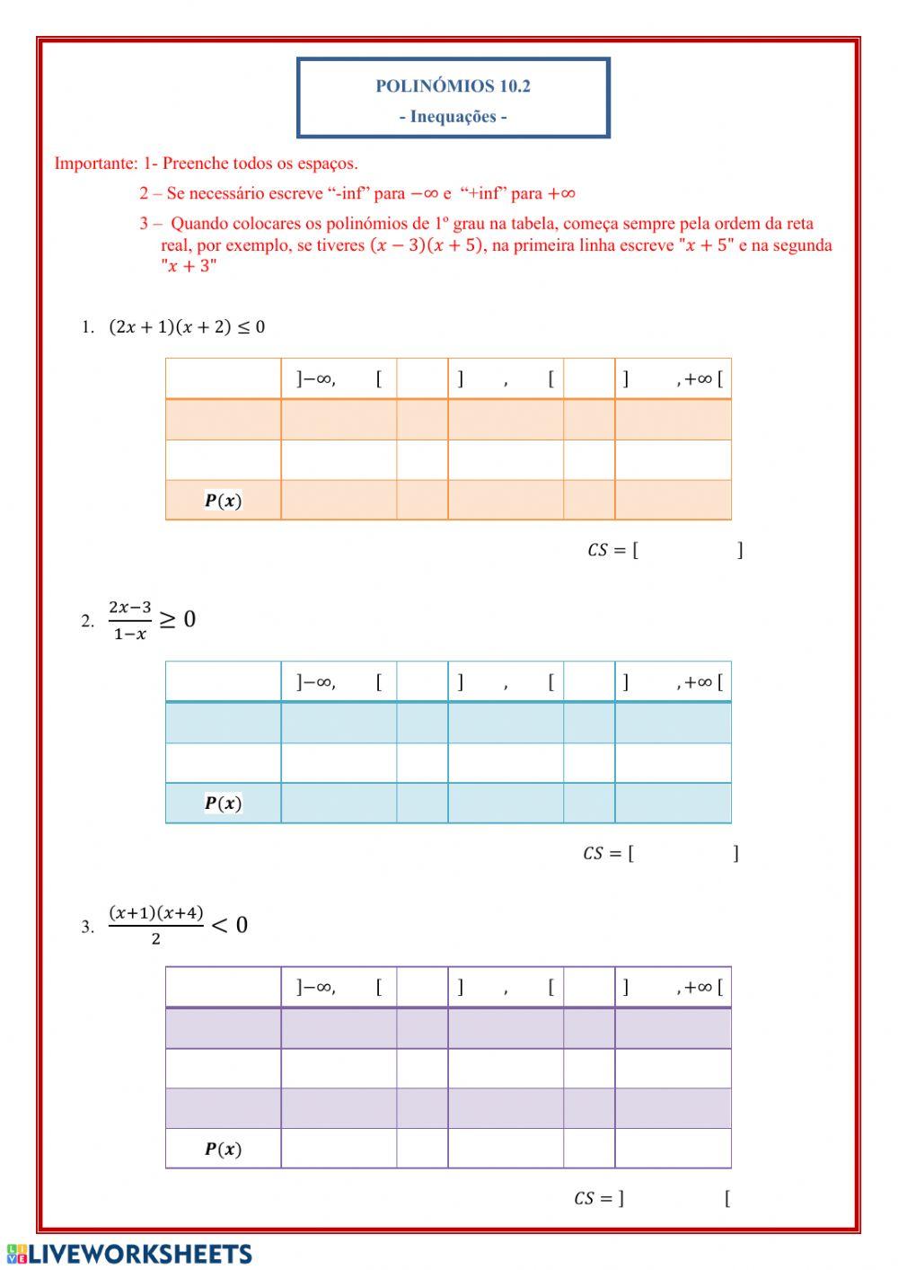 Polinómios - 10.2 worksheet | Live Worksheets