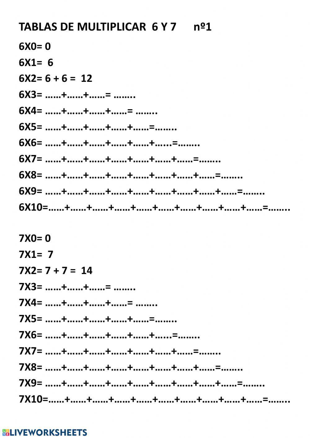 Tablas multiplicar 6 y 7 nº 1
