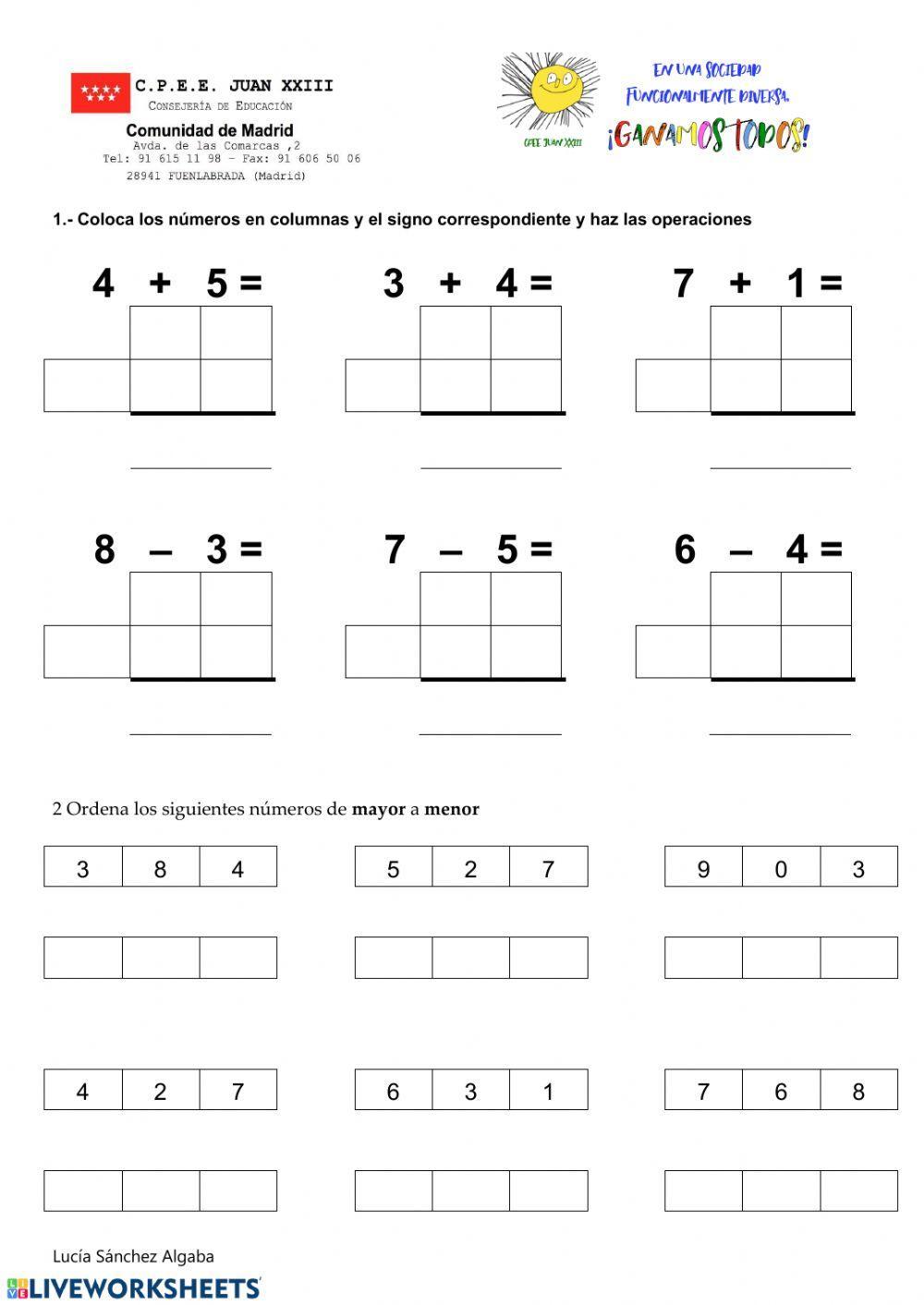 Cálculo y ordenar números