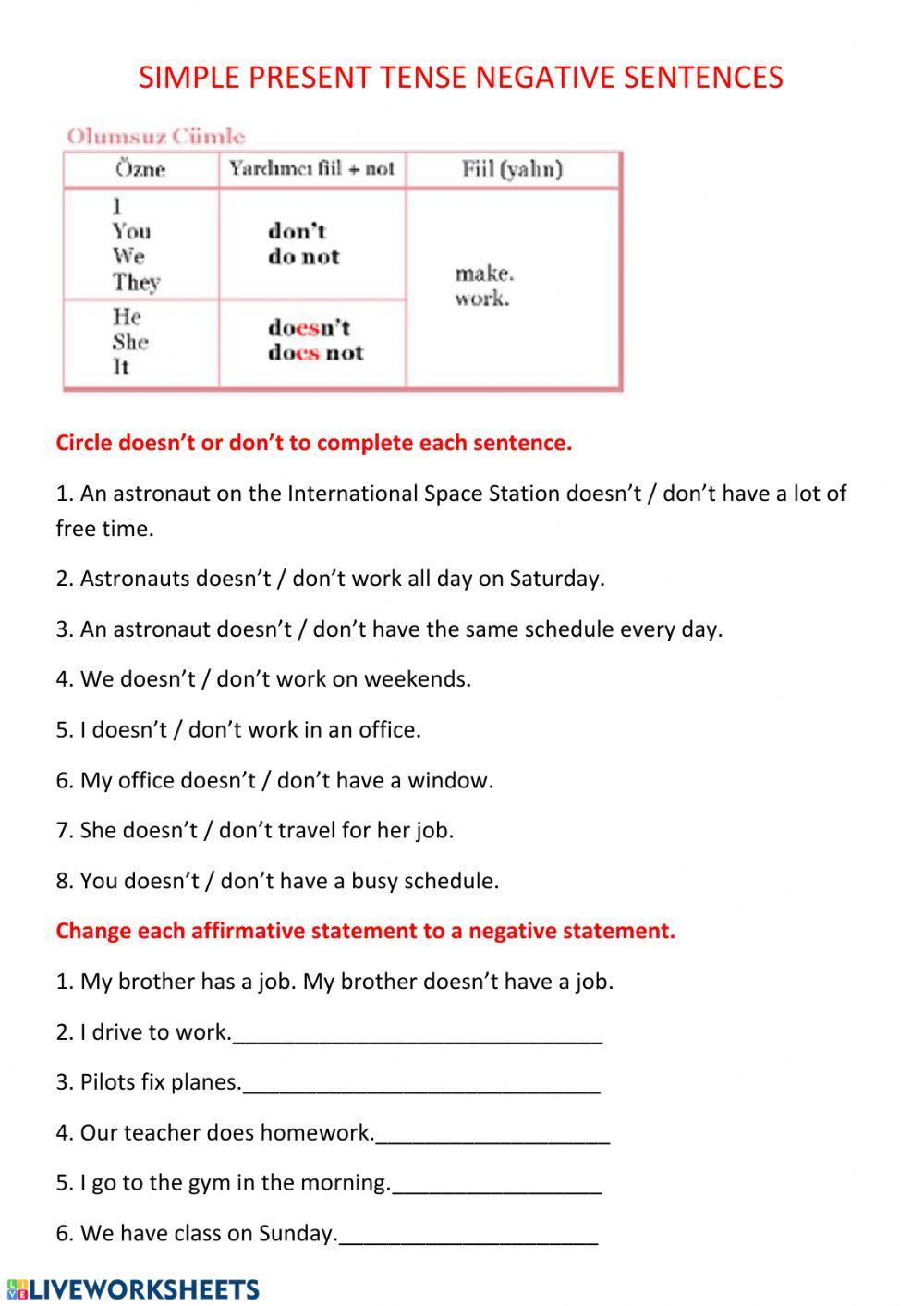 Simple present tense negative sentences